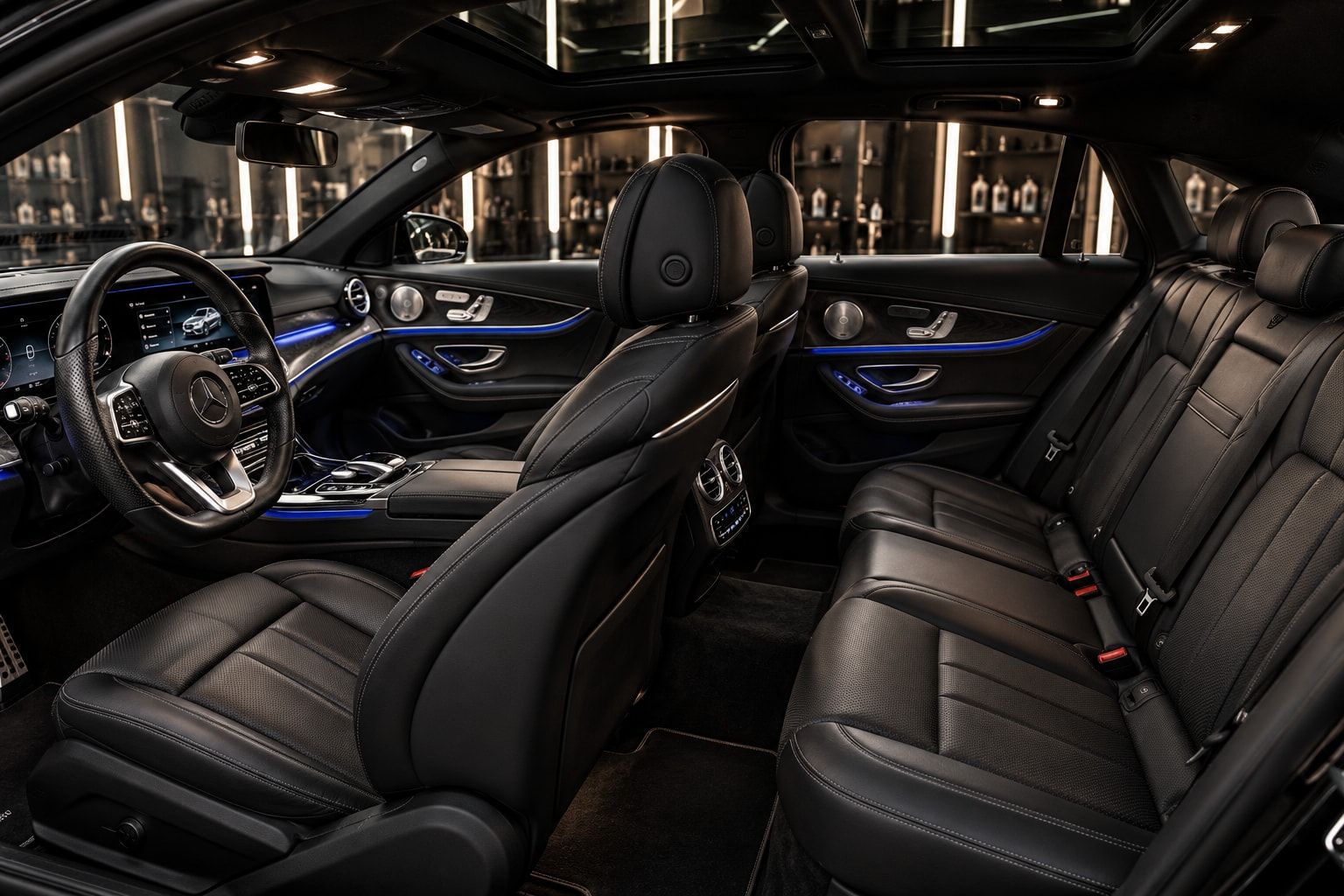 Car interior with several rows of seats
