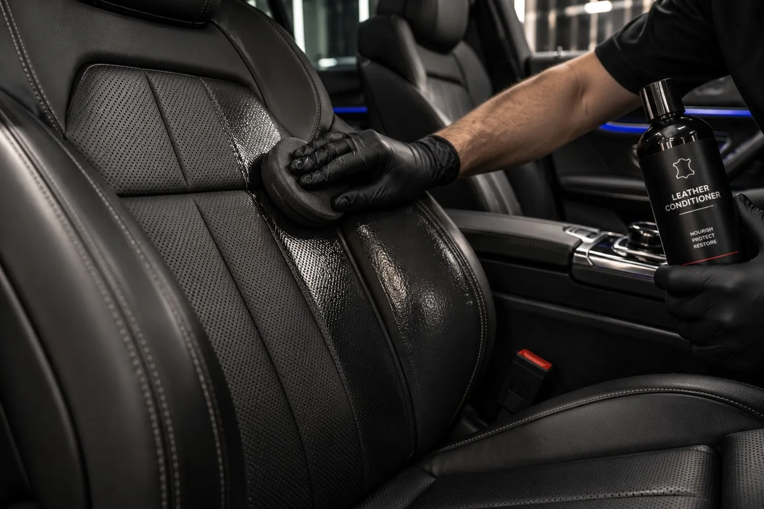 Leather conditioner applied to a seat