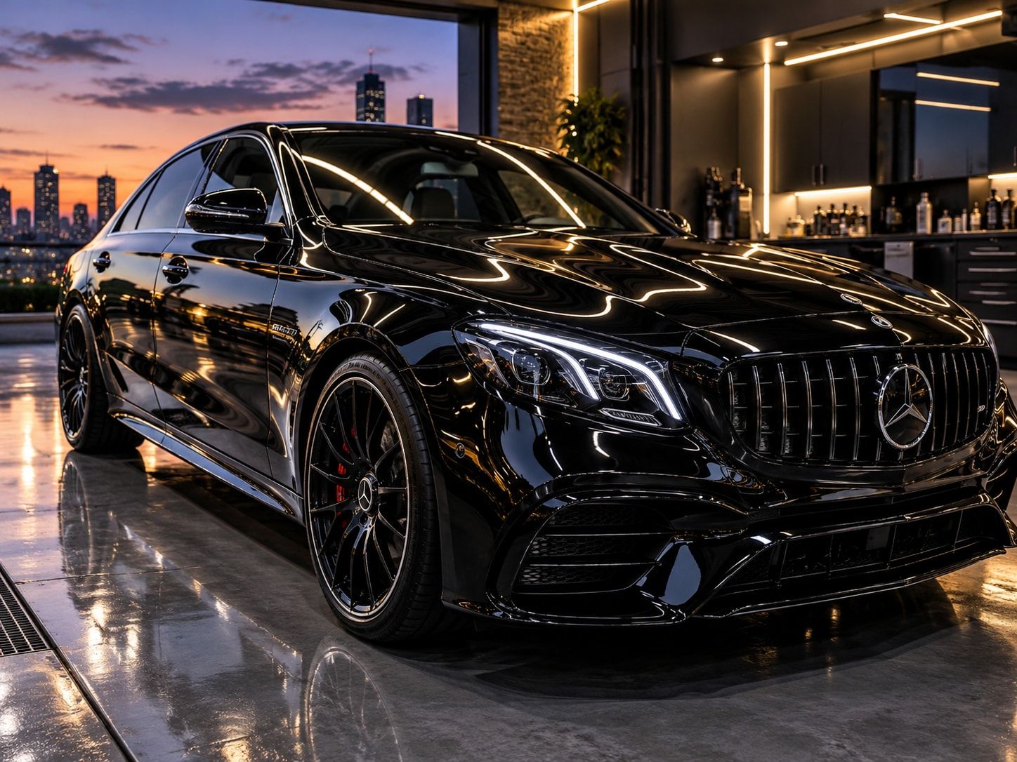 Black car with a mirror gloss after polishing